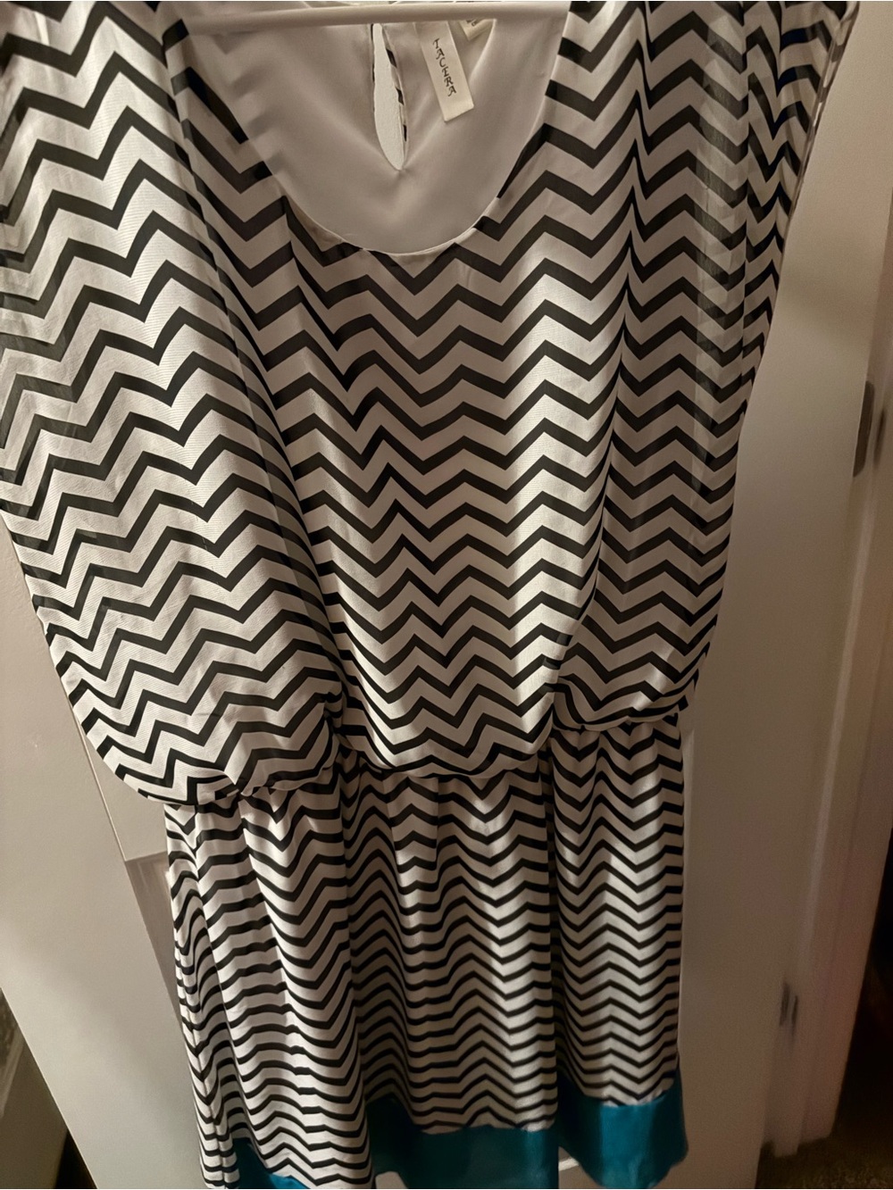 Tacera Black and White Chevron Dress with Teal Trim